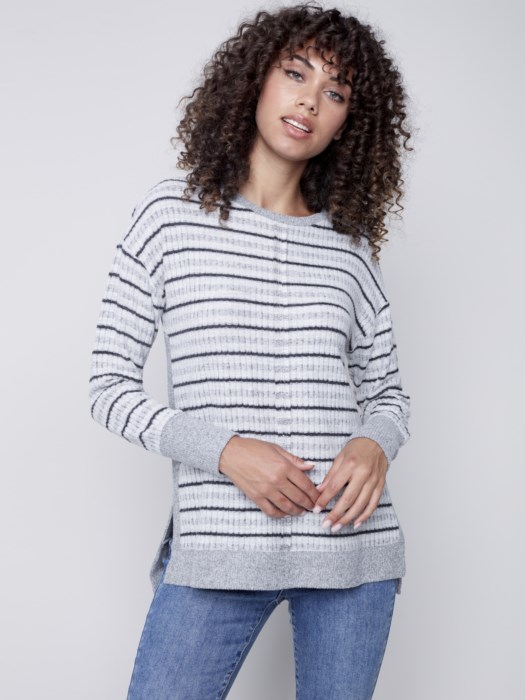 C1185 Charlie B Striped LOng Sleeve Top close up